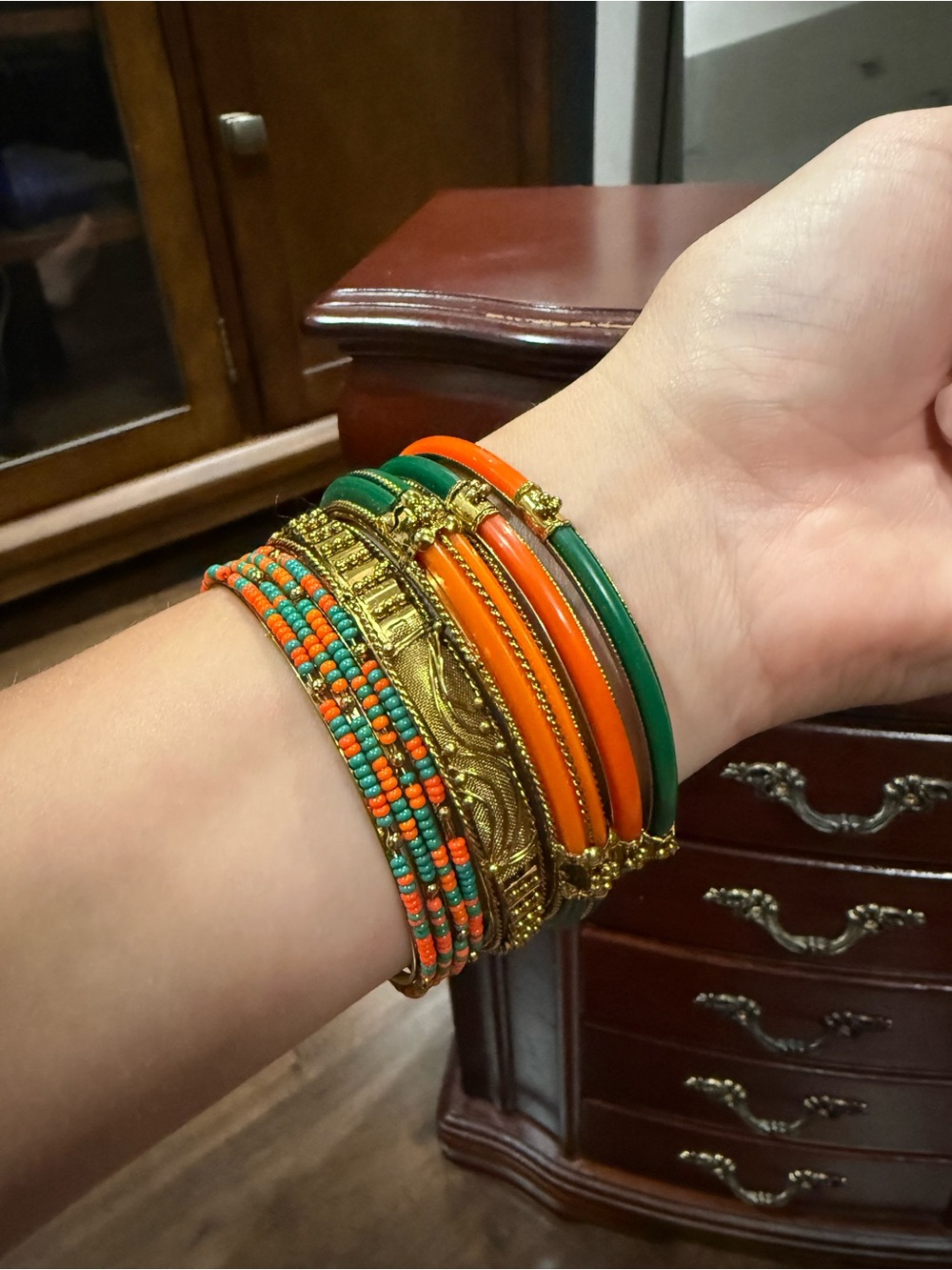 Stacked Gold, Orange & Green Beaded Bangle Set AKIRA